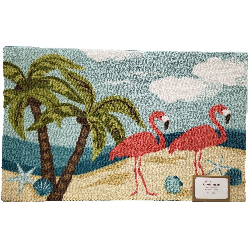 Heavy Duty Accent Kitchen Rug(nonskid)(20"x32") 2 FLAMINGOS & PALM TREES,Enhance
